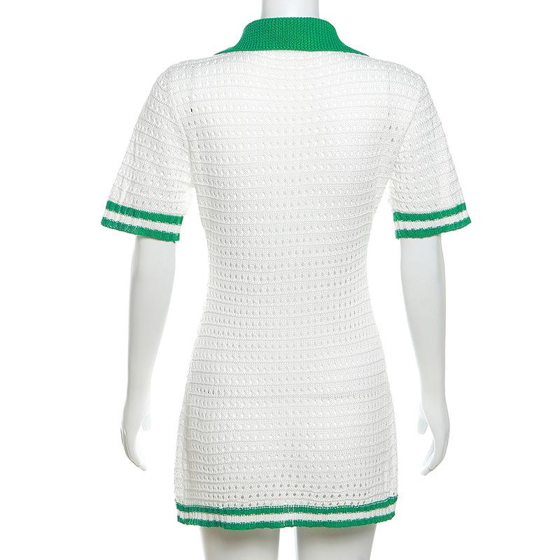 Women's Fashion Casual Knit Rib Dress Short Sleeve Hip Button Waist Skirt