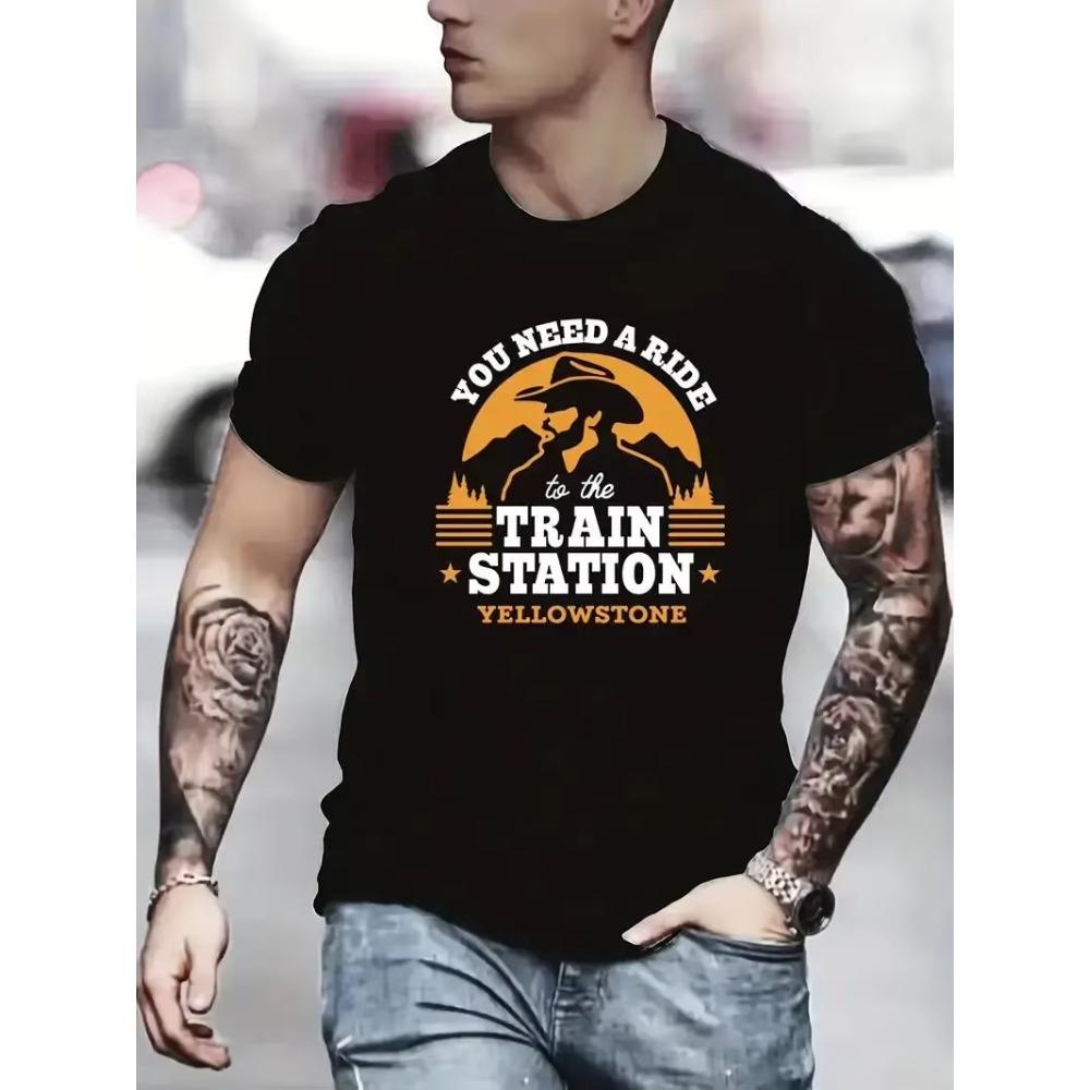 "Train Station" Pattern Cotton Printing Men's Comfortable Chic Pattern T-Shirt Men's Summer Outdoor Men'sClothing Men's Top Gift