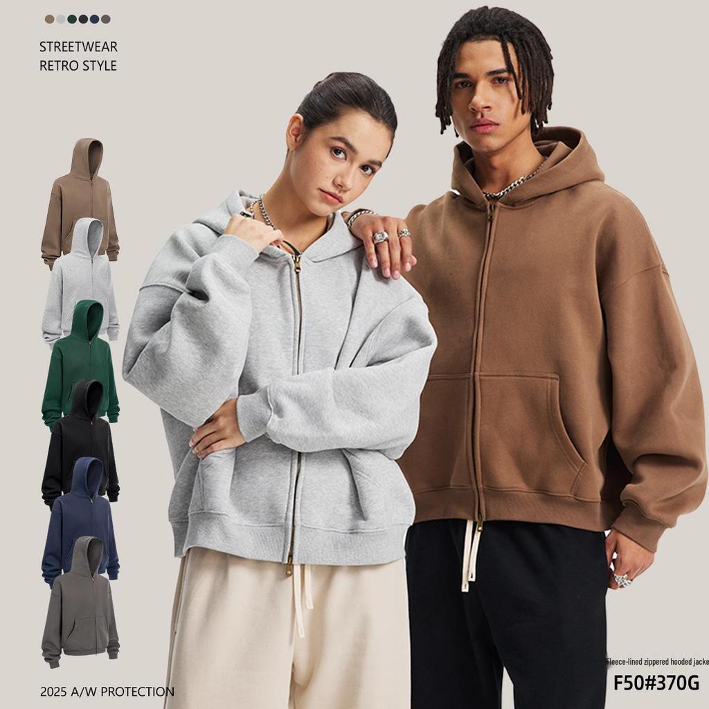 2025 Herbst/Winter Boxy Cropped Reißverschluss Kapuzen-Strickjacke: Unisex Lockerer Fleece-gefütterter Pullover mit tief angesetzten Schultern