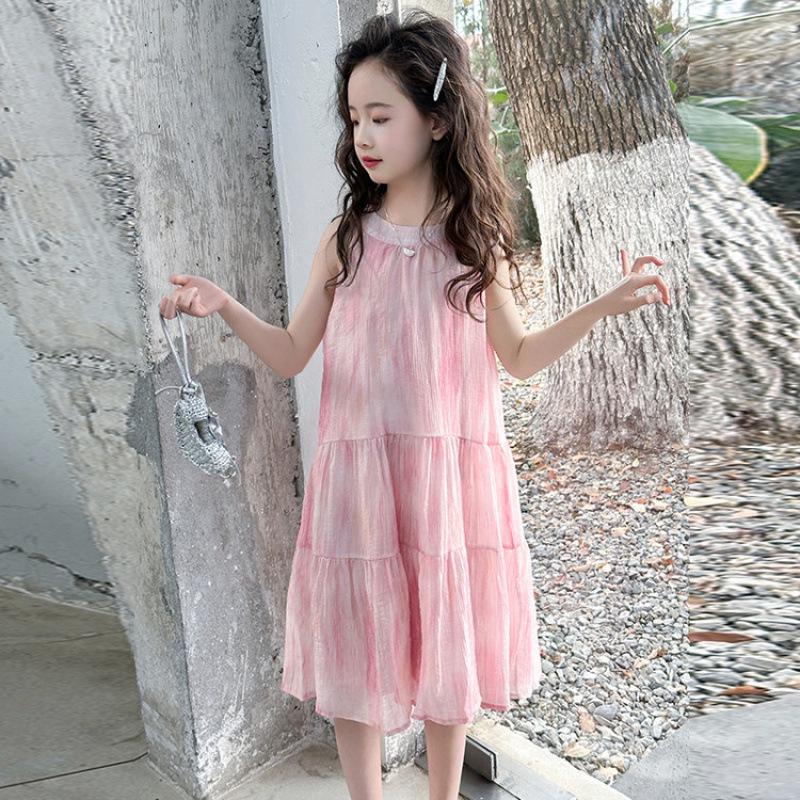 2026 New Girls Chiffon Spaghetti Strap Princess Summer Dress 170 cm розовый