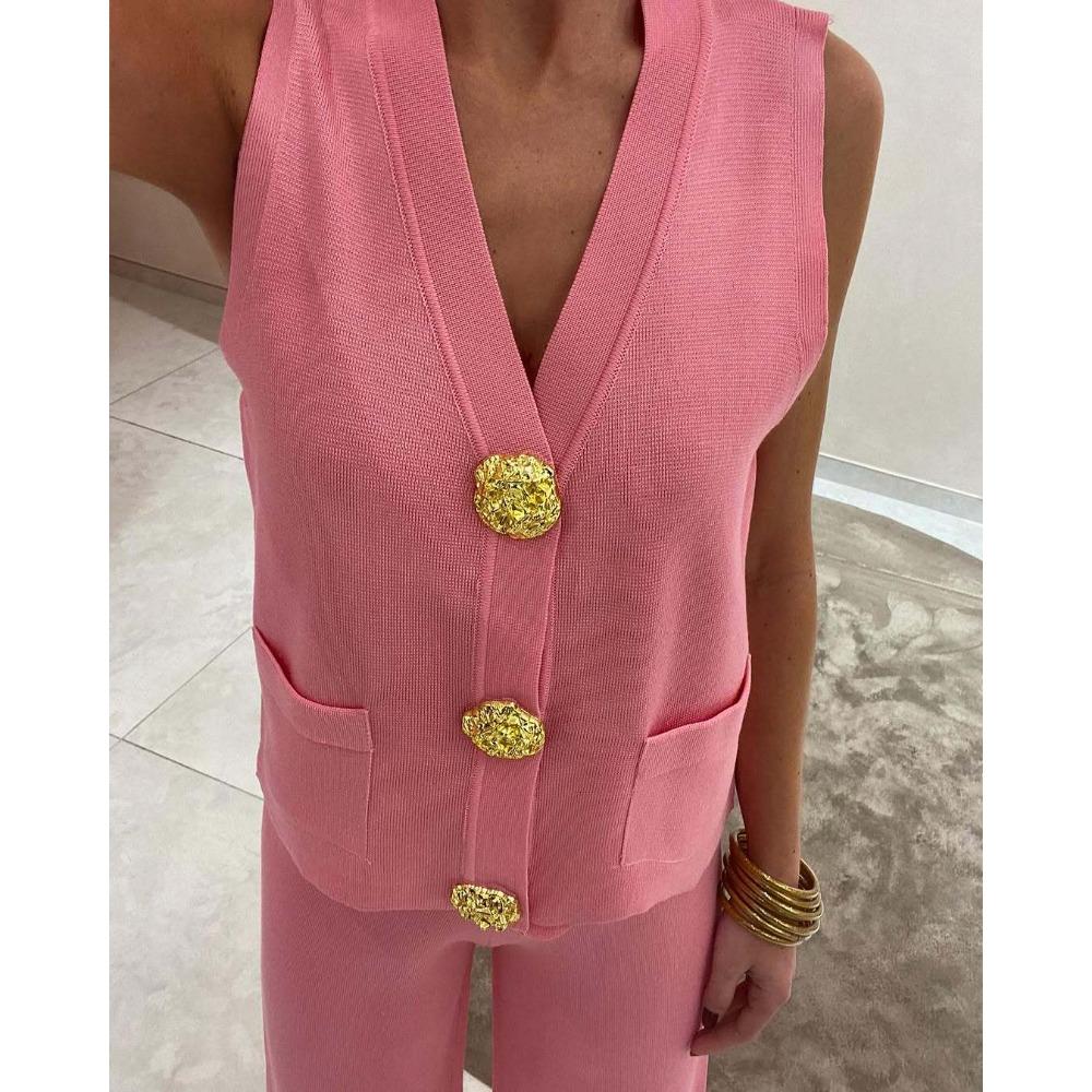 Gold Button V-neck Knitted Vest Casual Loose Trousers Knitted Two-piece Women's Suit