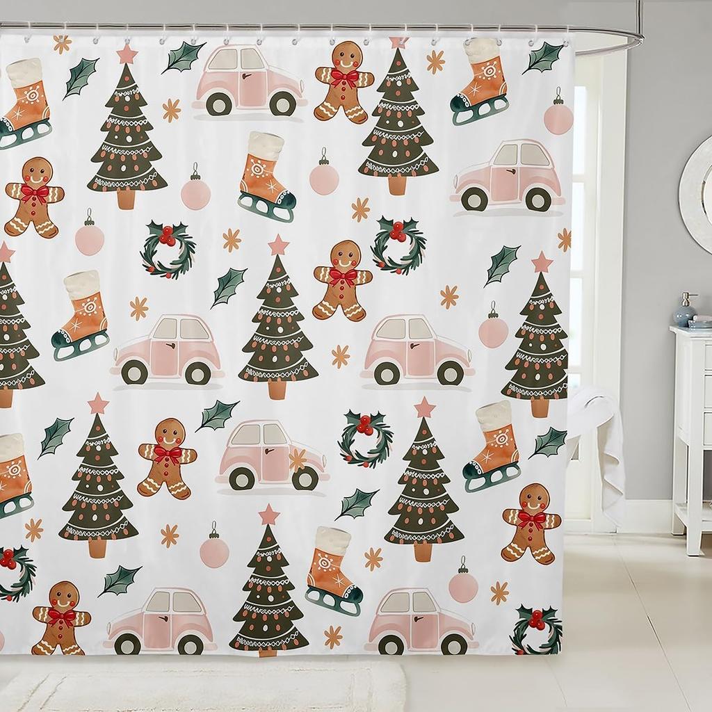 Christmas Puppy Shower Curtains Festive Pet Bathroom Curtain Kids Women Men Cute Dog Bathroom Accessories Xmas Tree Snowflake