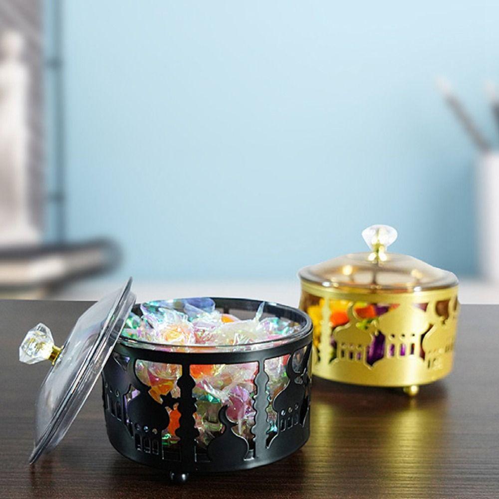 Runde Metallburg Obstschale Kreative EID Mubarak Eisen Kareem Süßigkeiten Dessertschale mit Deckel Muslimische Snack Obstschale Snacks
