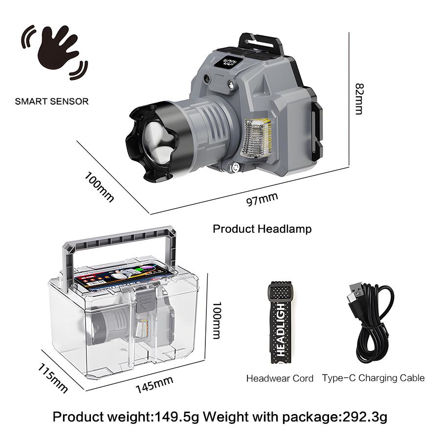LED Multifunctional Zoom Head Light Type-c Rechargeable Digital Display Lantern Outdoor Waterproof Exploration Flashlight