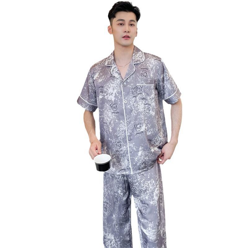 Men's new ice silk pajamas, short-sleeved trousers, spring lapel suit, literary and artistic casual loungewear can be worn outside