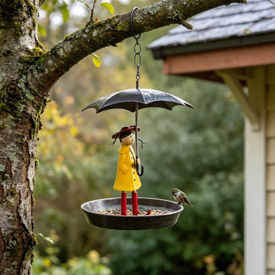 Umbrella Girl Bird Feeder Outdoor Decorative Hummingbird Feeder And Bird Bath Hanging Metal Platform Seeds Tray for Courtyard Balcony Garden