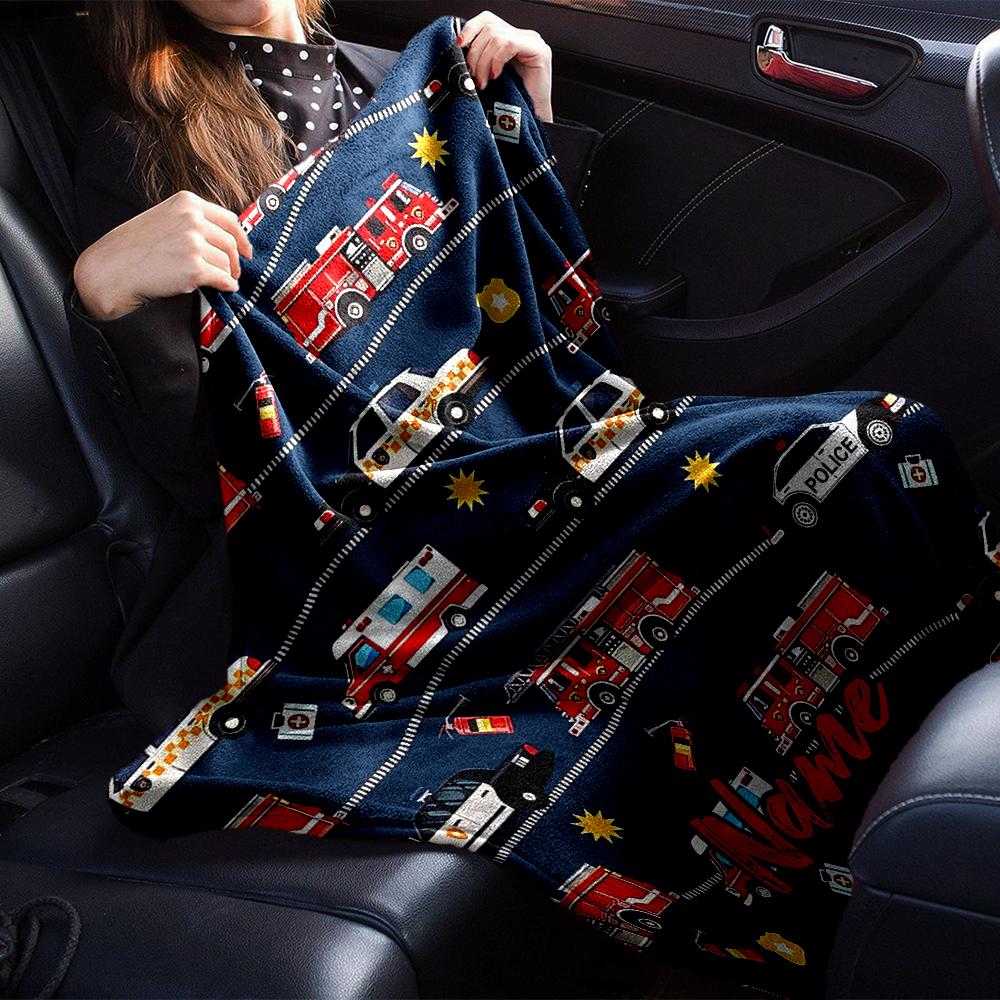 Custom Name fire truck Theme Printed Blanket - Perfect for Couch, Bed, Travel & Outdoor Use | Machine Washable, Cozy & Durable.