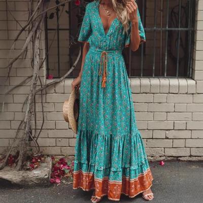Rochii de plajă boeme cu imprimeu floral și decolteu în V pentru femei Rochie maxi boho de vară cu ciucuri pentru doamne