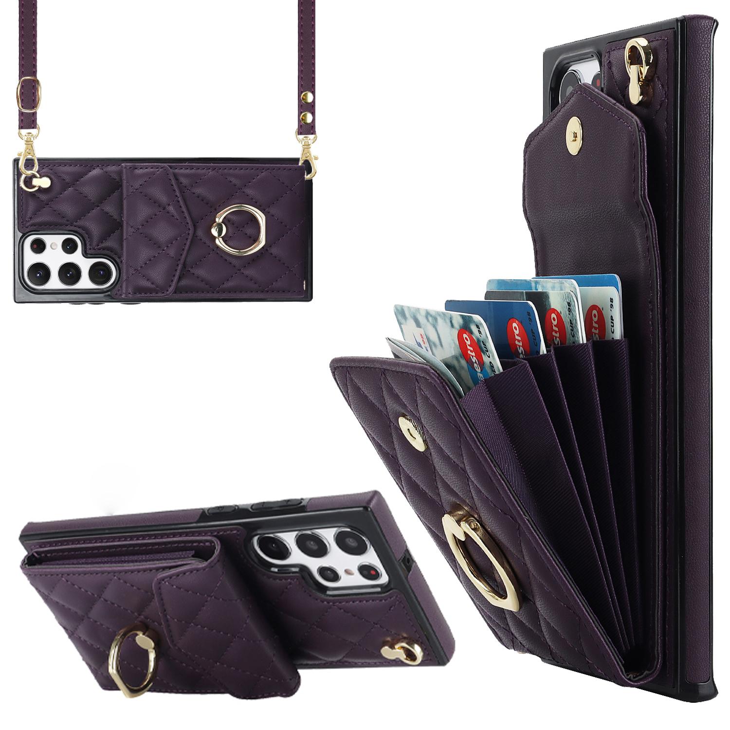 

For Samsung Galaxy S24 Ultra Case Ring Kickstand Card Holder Leather+TPU Cover with 2 Straps Dark Purple