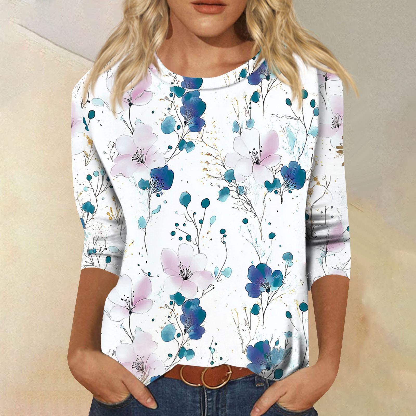 

Женский модный повседневный пуловер с рукавом три четверти и цветочным принтом на воротнике XL небесно-голубой