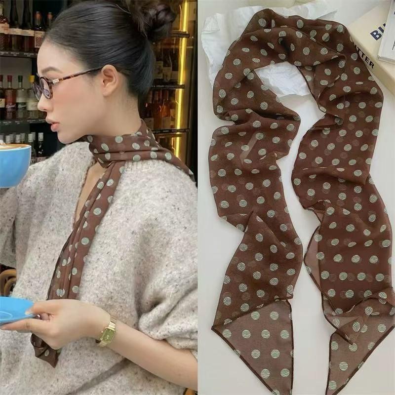 Hepburn polka dot silk brown long scarf retro coffee polka dot diagonal silk scarf% mulberry silk streamer black and white scarf 160