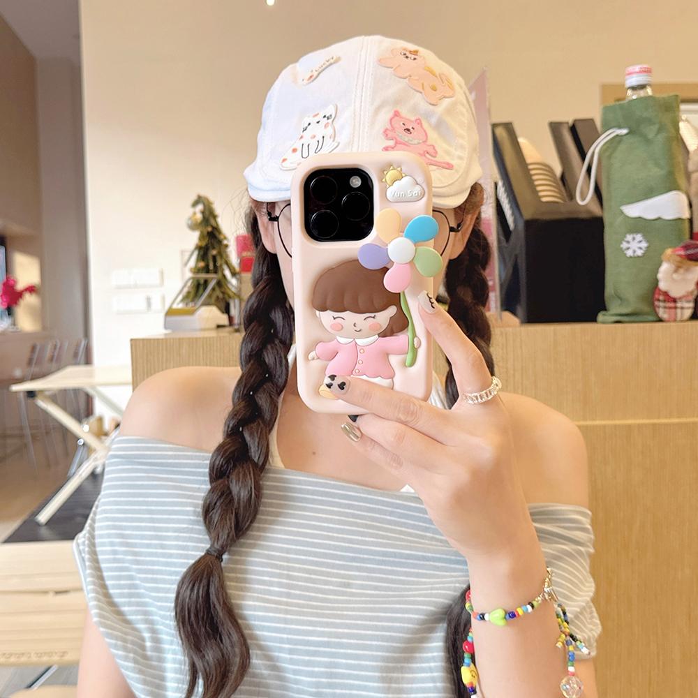 Cute 3D Cartoon Windmill Girl Shockproof Back Cover Funny Soft Silicone Phone Case For iPhone 16 15 14 13 12 Pro Max Capas