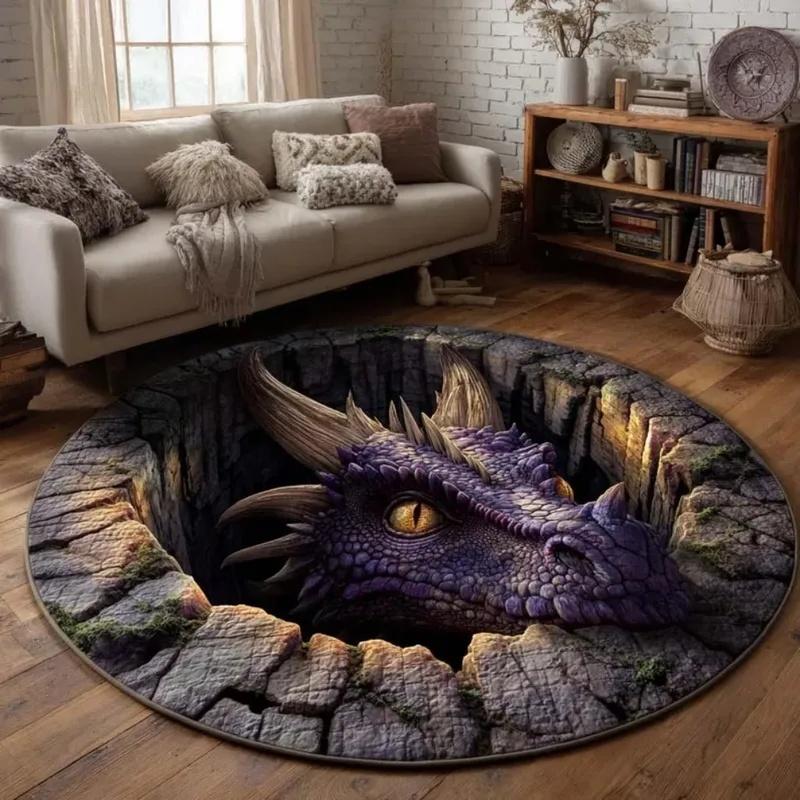 Sleeping Dragon Round Area Rug Fantasy Book Dragon 3D Illusion Non Slip Circle Carpet for Living Room Bedroom Decor