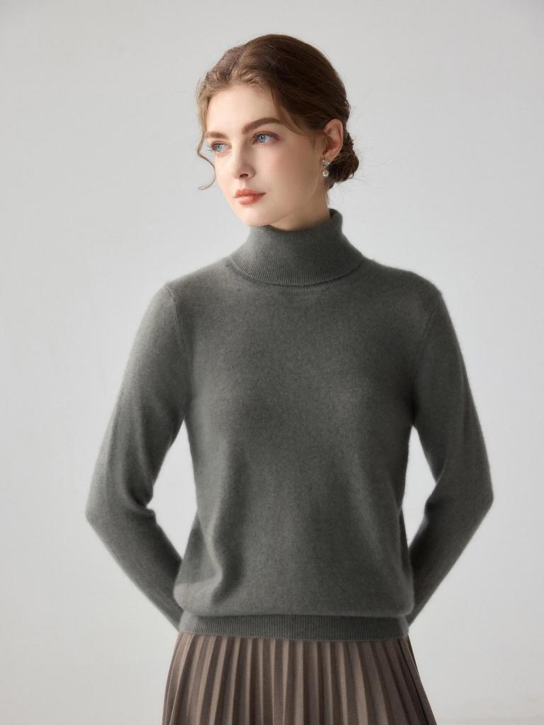 Women's High Neck Cashmere Sweater - Long Sleeve Wool Knit Solid Color Top for Autumn/Winter