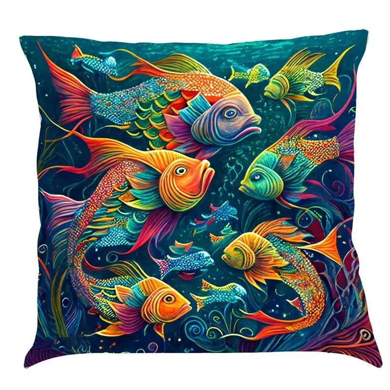 Luxury Home Decoration Pillowcase Car Living Room Sofa Cushion Cover Marine Life Painting Pattern Cushion Cover