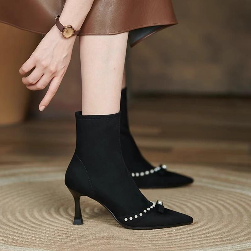 Light Luxury Pointed High Heel Short Boots Women's Pearl Black Suede Thin Heel Elastic Thin Boots Temperament Celebrity Boots Shoes