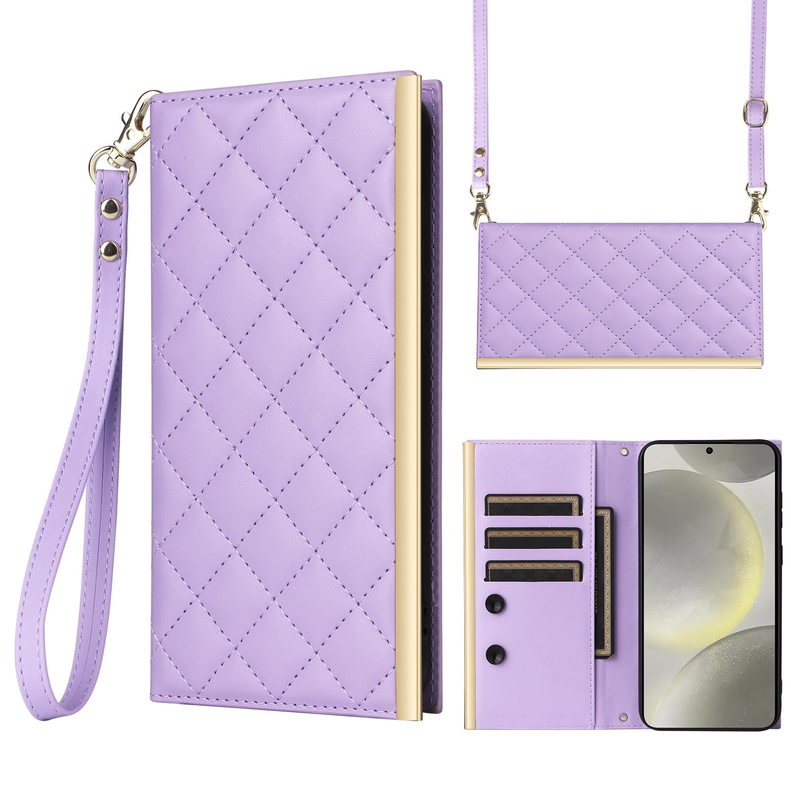 

For Samsung Galaxy S25 Case Suction Cup PU Leather Wallet Phone Cover with Straps Purple
