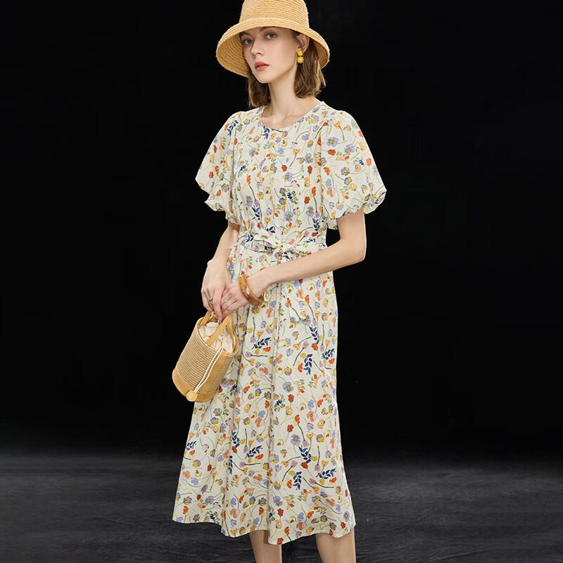French Holiday Print Waist-Cinching Short Sleeve Dress