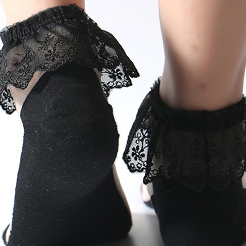 Women Lolita Transparent Mesh Crew Socks Sweet Ruffled Lace Trim Bowknot Cute Love Heart Pattern Anime Princess Hosiery