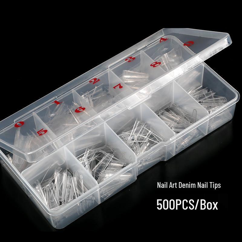 Denim French Flat Head False Nails, Natural Color, 500-Piece Set in Transparent Box
