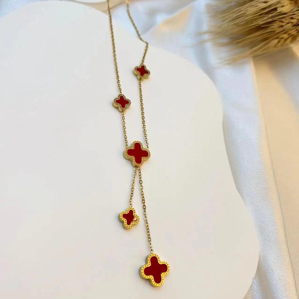 Elegant Five-Flower Double-Sided Four-Leaf Clover Stainless Steel Necklace with Tassel Pendant