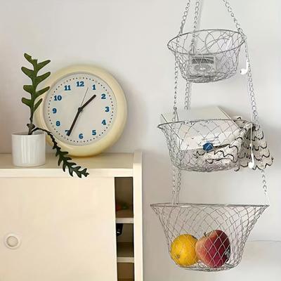 3-Tier Hanging Fruit Basket Stainless Steel Storage Basket Foldable Wire Organizer for Fruits Vegetables Toiletries