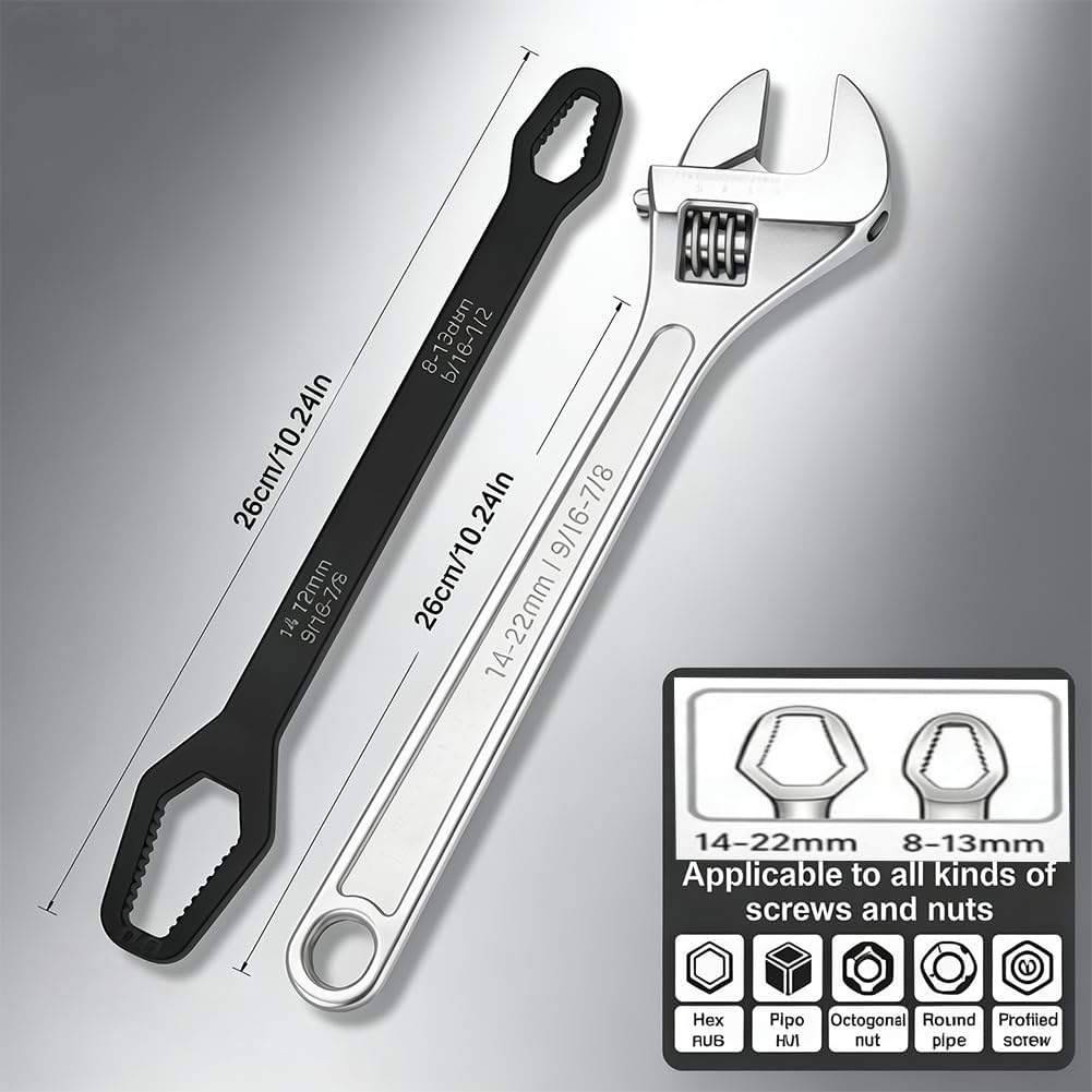 Multi-Size Thickened Double-Ended Torx Wrench Universal Automotive Wrench 8-22mm Tool Self-Tightening Adjustable for Mechanical Maintenance Home