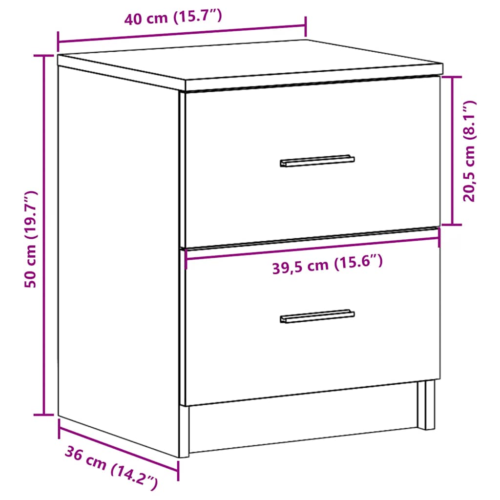 Nightstand with 2 Drawers Artisan Oak Finish 40 x 36 x 50 cm