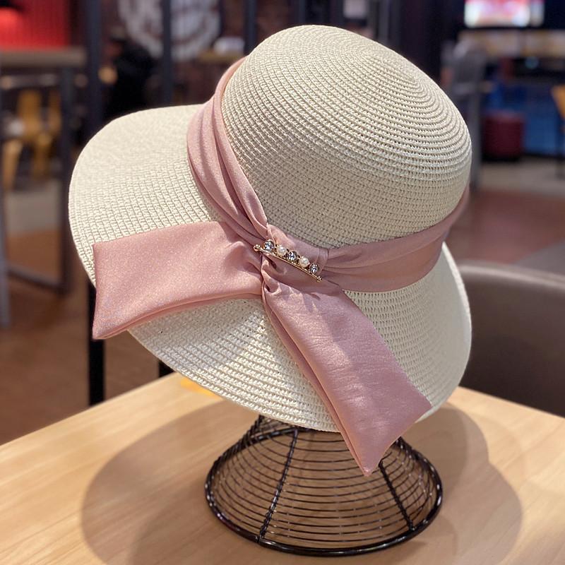 Women's Summer Straw Hat, Foldable Beach Hat, Face-shading Sun Hat, Pearl Bow Fisherman Hat, Sun Hat