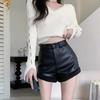 2025 Autumn/Winter PU Leather Patchwork Furry High-Waisted Slimming Women's Shorts