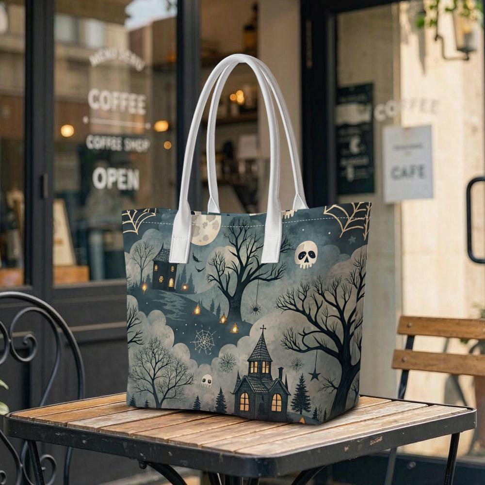 Halloween Gothic Spooky Castle Skull Print Women Large Casual Shoulder Tote Bag