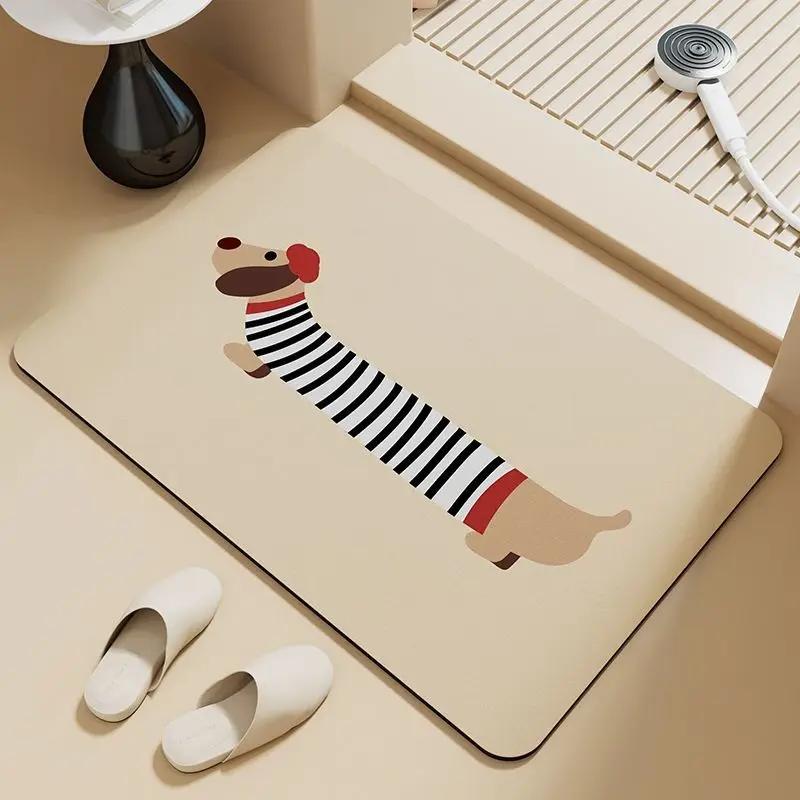 

VIKAMA Diatomite Stone Bath Mat, Dachshund Sausage Dog Pet Themed, Super Absorbent Non-Slip Quick Dry Toilet Shower Bathroom Rug 40X60cm 15.7X23.6in