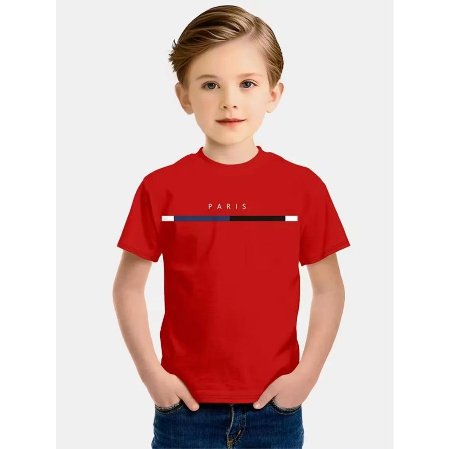 Boys' T-Shirt Simple Paris Letter Print Summer Short Sleeve Tees Loose Fashion Round Neck Tops Stripe Streetwear Kids Clothing