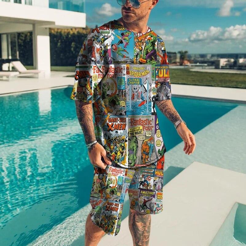 Personality Harajuku 3D Men's T-shirt Sets Casual Streetwear Oversized T-Shirt Shorts 2 Piece Set Summer Tracksuit Man Clothing