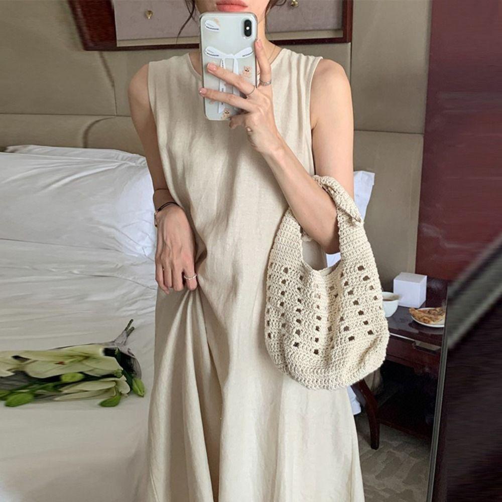 Round Neck Vocation Vest Dresses Hollowed Out Open Back Long Dress Summer Sleeveless Dress  Teens
