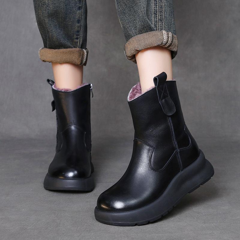 Johnature Genuine Leather Retro Thick Soled Women's Short Boots Versatile Wool Warm Snow Boots