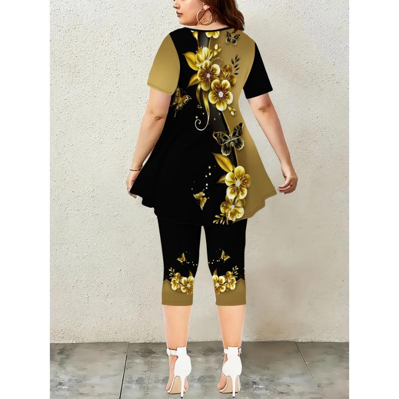 Women's Butterfly Print Fashion Short Sleeve Cropped Pants Suit