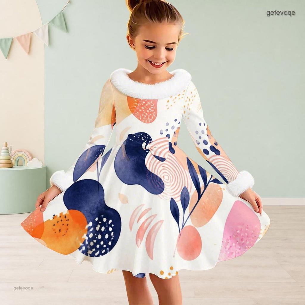 Girls Furry Trim High Neck Long Sleeve Printed Tie Waist A Line Flared Dress