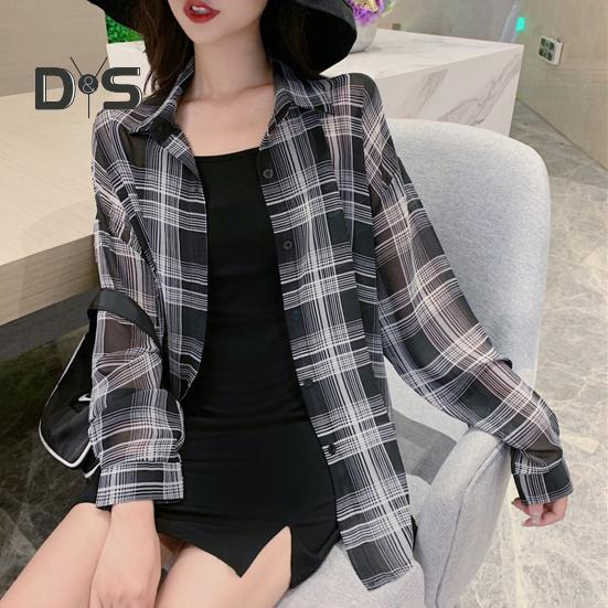 Women Summer Shirt Lapel Long Sleeve Plaid Print Shirt Tops Loose Fit Single-Breasted Thin Cardigan Shirt