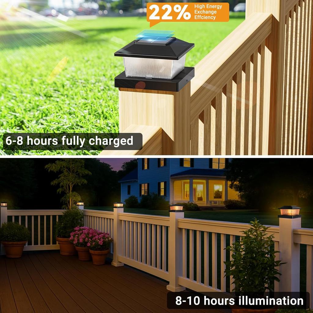 6 Pack Solar Post Cap Lights Flame Effect for 4x4 Wood/Vinyl Posts Waterproof Auto On/Off Outdoor Solar Landscape Garden Lamp