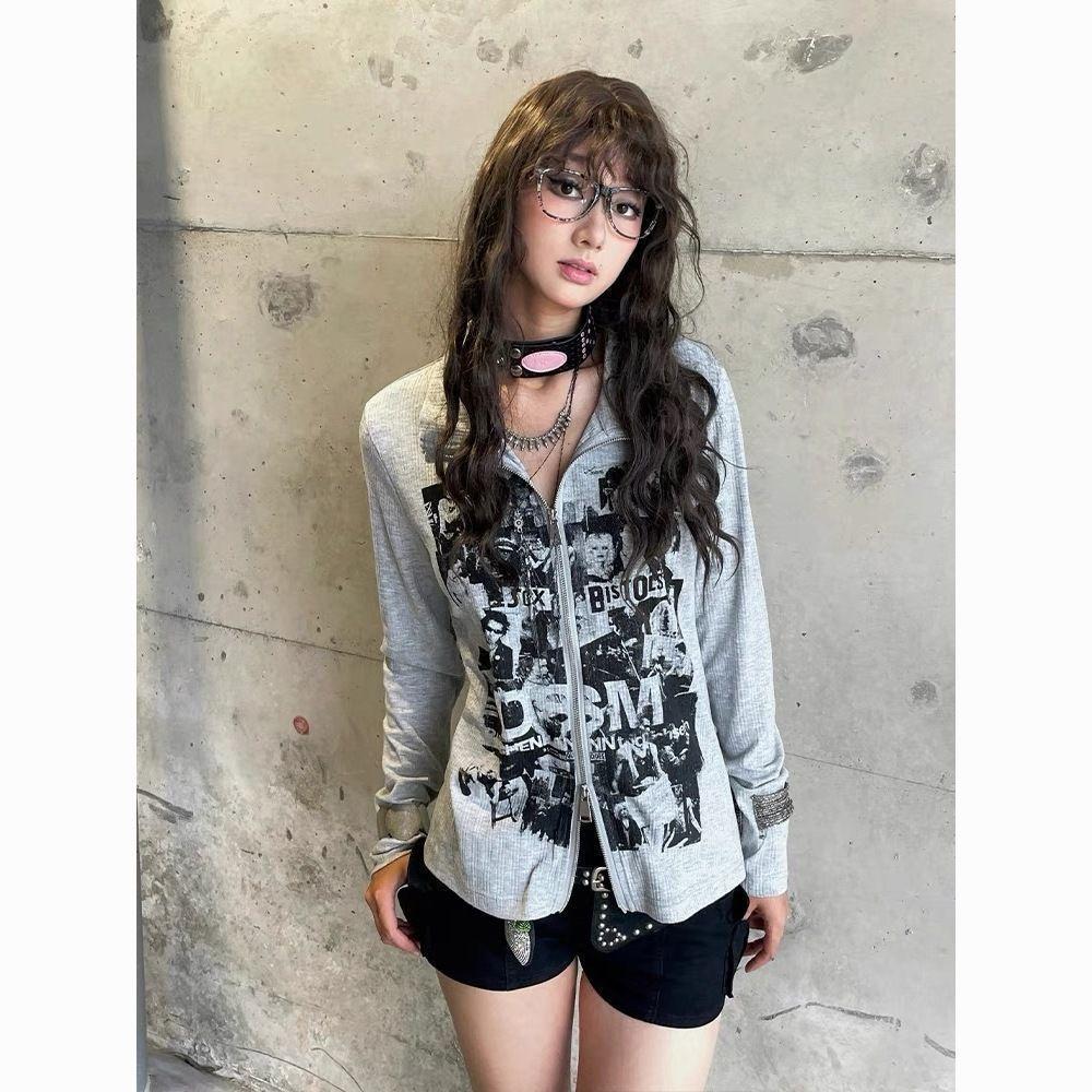 Sexy Women T-shirts Zipper Printed Design Long Style Girls Y2K Tops Fashion Lady Tshirt