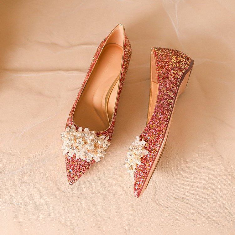 Premium Sense Crystal Diamond Red Xiuhe Dress Wedding Shoes Flat-soled Bride Shoes Women's 2025 Spring and Autumn New Low-heeled Single Shoes