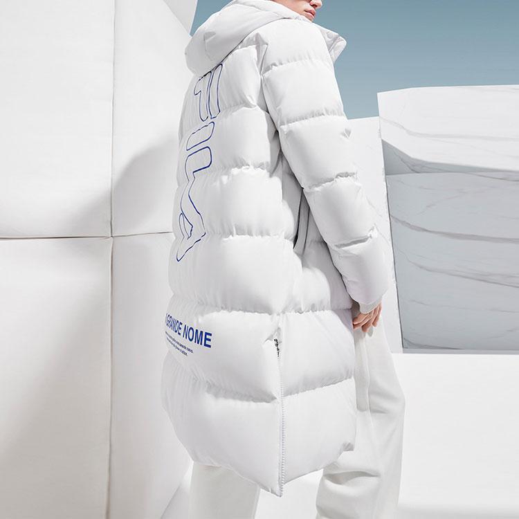 FILA Letter Zipper Hooded Long Down Jacket Men Outerwear Cold-Stone-White F51M349921A-WT