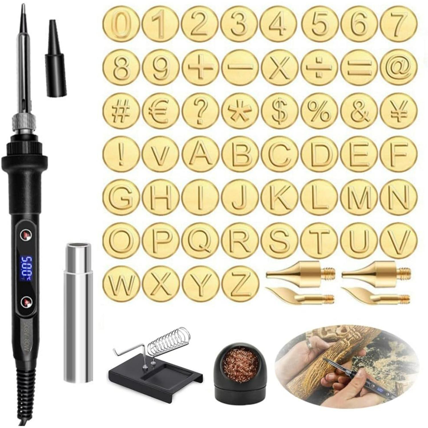 

Wood Burning Kit,26 Letters Copper Mold DIY Wood BurningTool,Complete Leather Burning & Wood Carving Set with Adjustable Temperature Soldering Iron X2