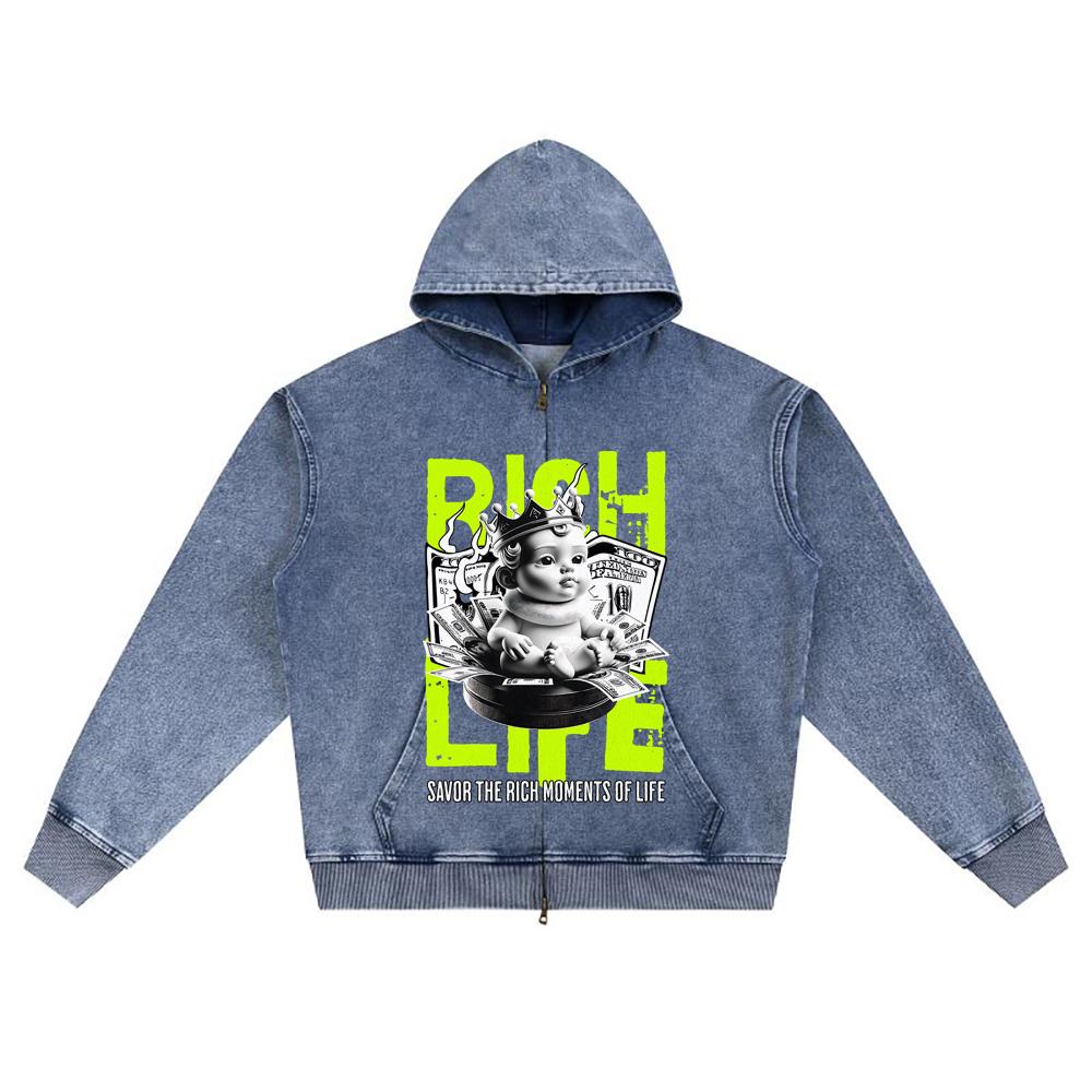 DTG Print Knitted Denim Zip-Up Hoodie Rich Life Streetwear Brother Print Zipper Hoodies