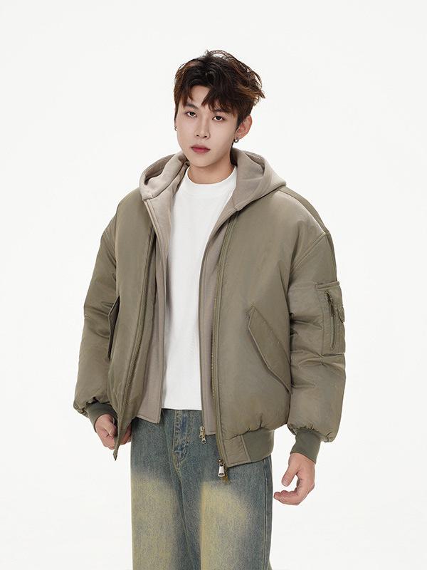 Men's American Faux Two-Piece Quilted Winter Bomber Jacket with Hood