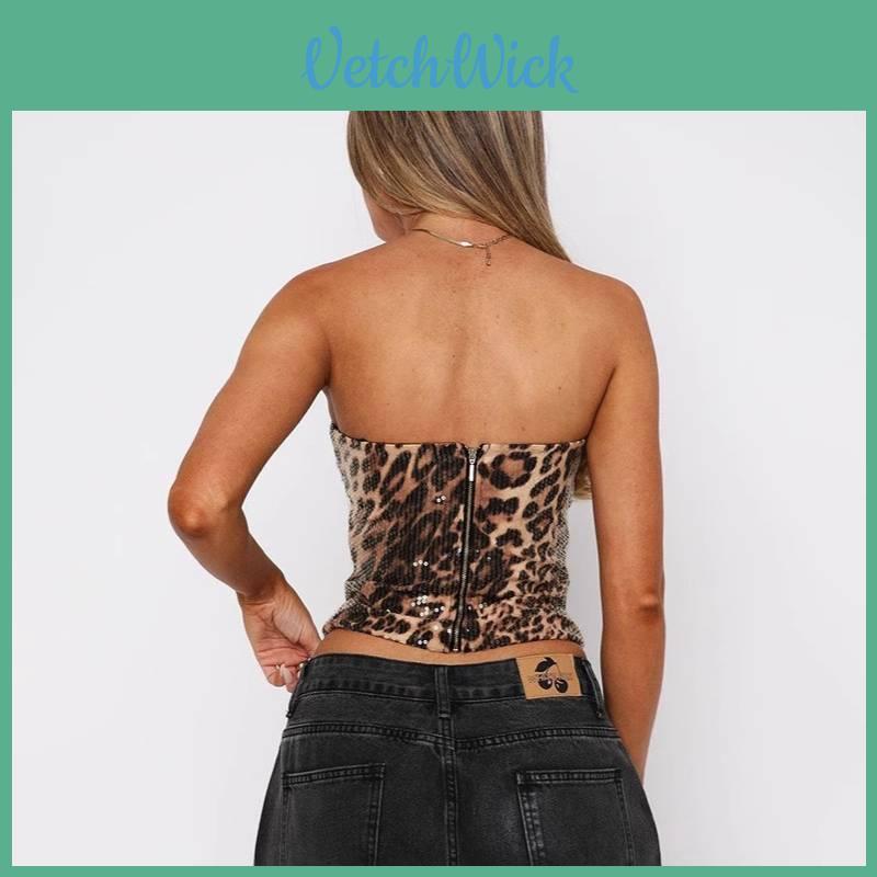 Leopard Print Sequin Crop Top For Summer Streetwear With Stretch Fit For Adults