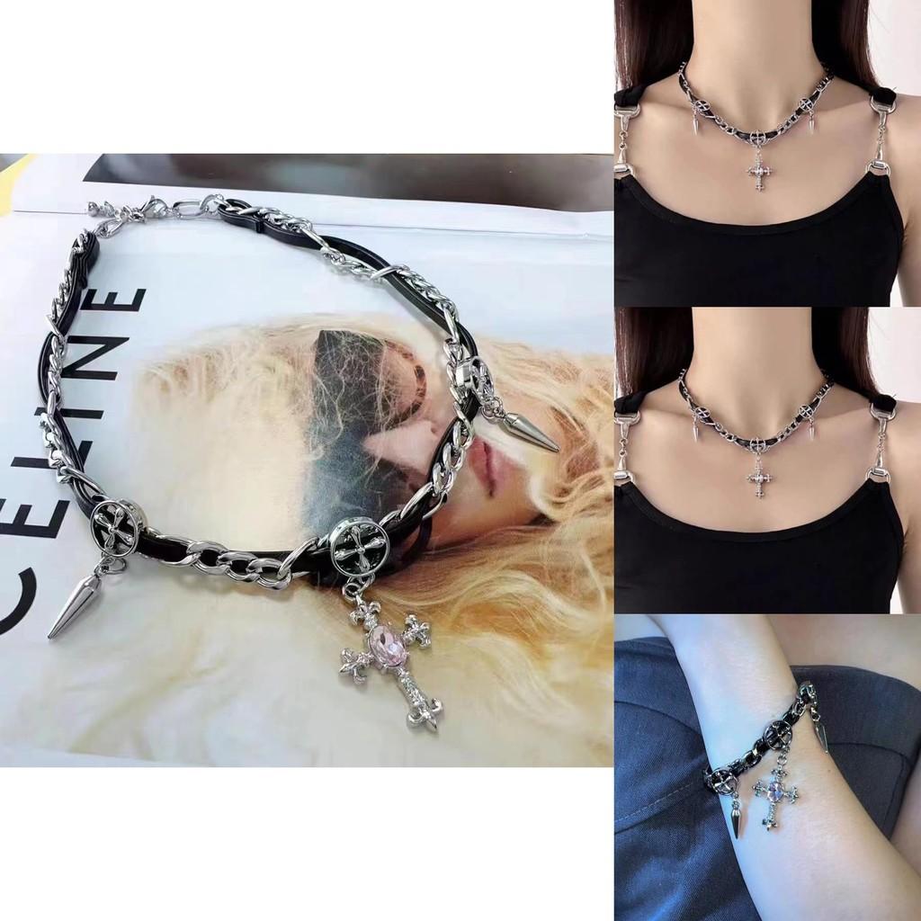 Trendy Cross Rhinestone Choker Necklace And Bracelet Set For Women Punk Style Gothic