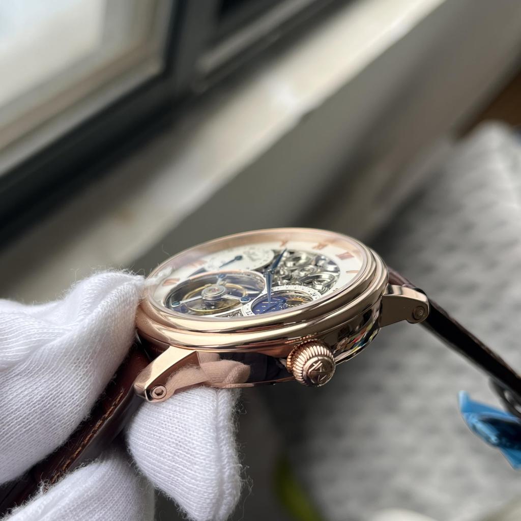 HAOFA Tourbillon Watch Mechanical Moon Phase GMT Genuine Leather Strap Hollow Engraved Dial Business Stylish Waterproof Arm Watch Men's Men's