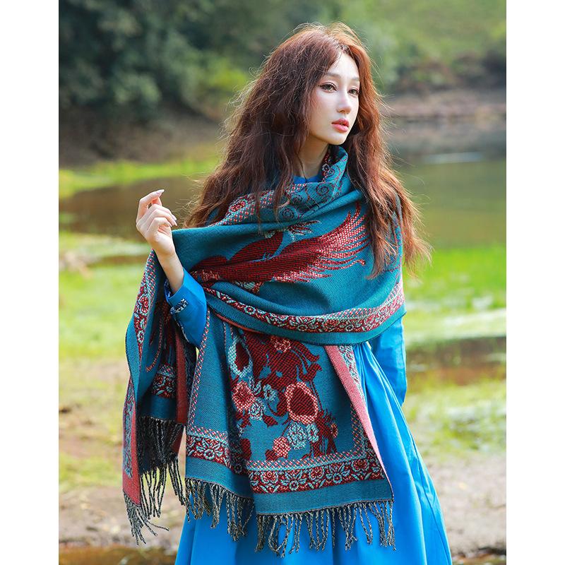 Ethnic Style Scarf for Women Traveling and Taking Photos Versatile Fashionable Cloak  Warm and Thickened Imitation Cashmere Scarf
